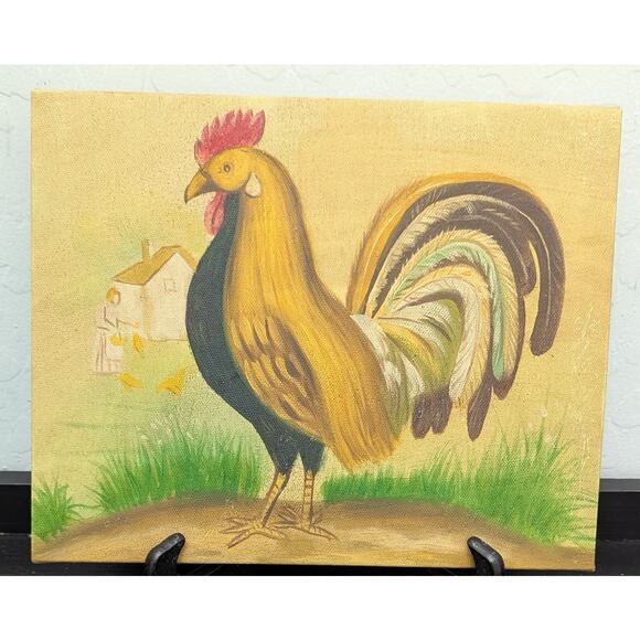The Rooster Original Painting Folk Art 8 x 10" Unframed French Country Rustic - Picture 1 of 3